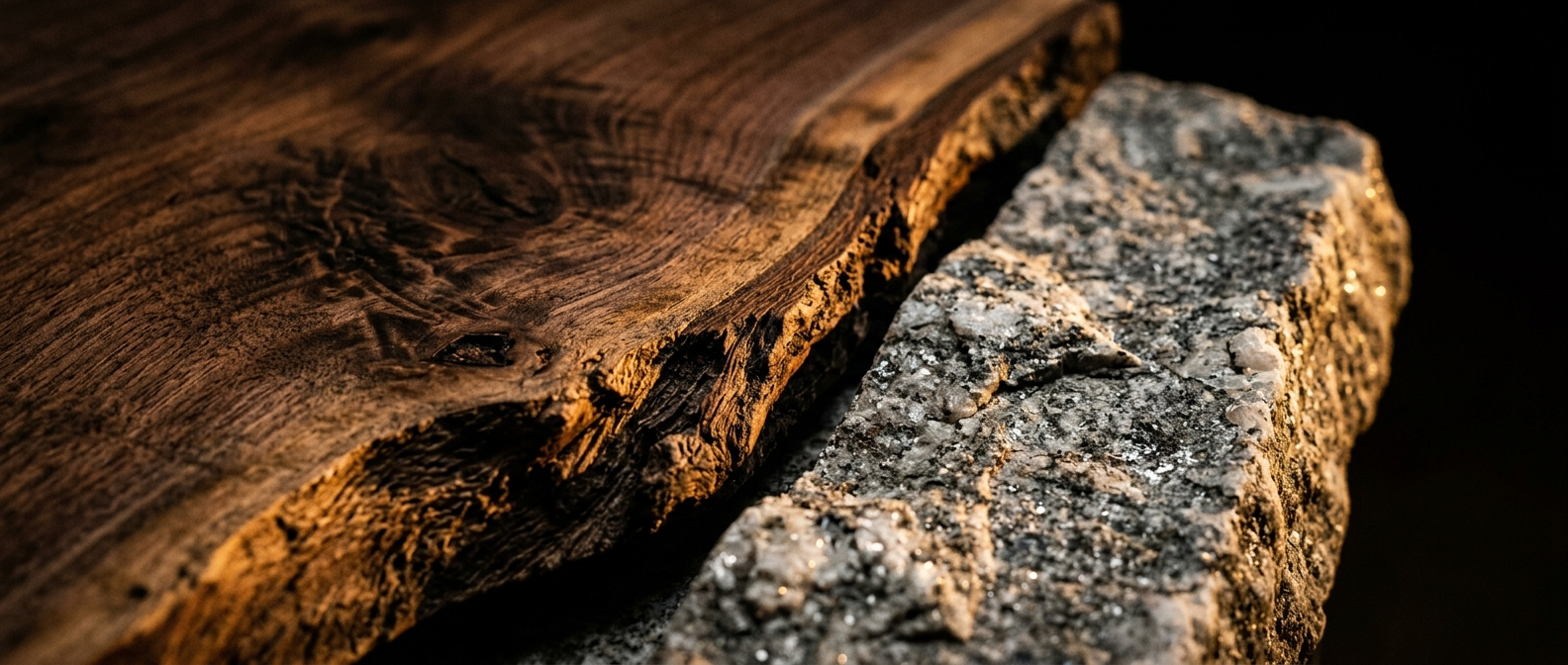 Raw timber slab resting on Canadian Shield granite in a Northern Ontario forest at golden hour
