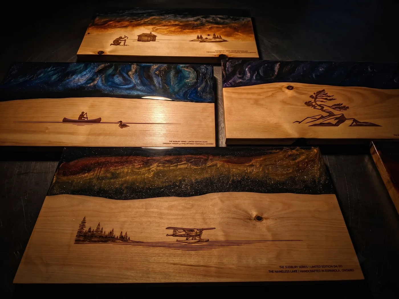 Detailed laser engravings across the Sudbury Series board collection