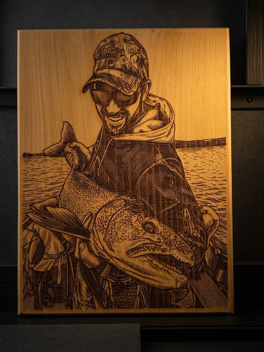 Custom engraved portrait of an angler with a catch